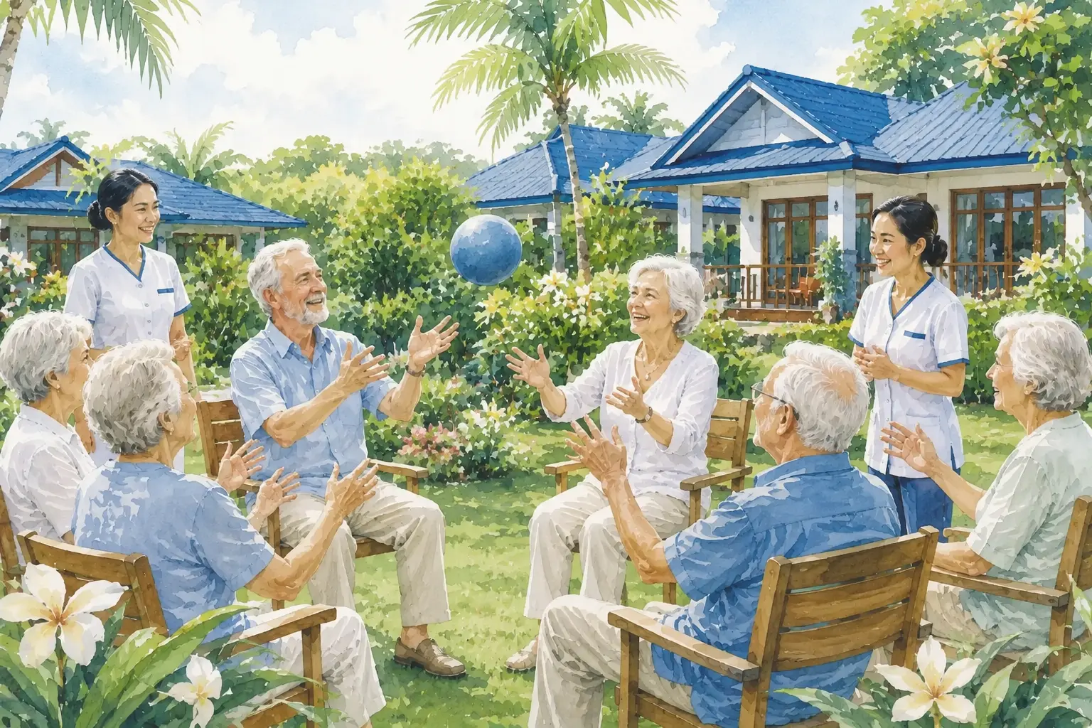 Illustration von Senioren während der Morgengymnastik in einem Altersheim in Thailand