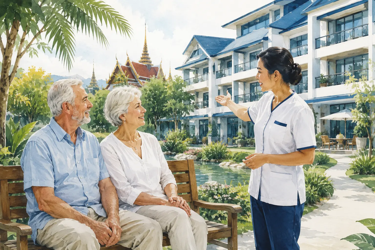 Illustration eines Seniorenpaares vor einer modernen Altersresidenz in Thailand